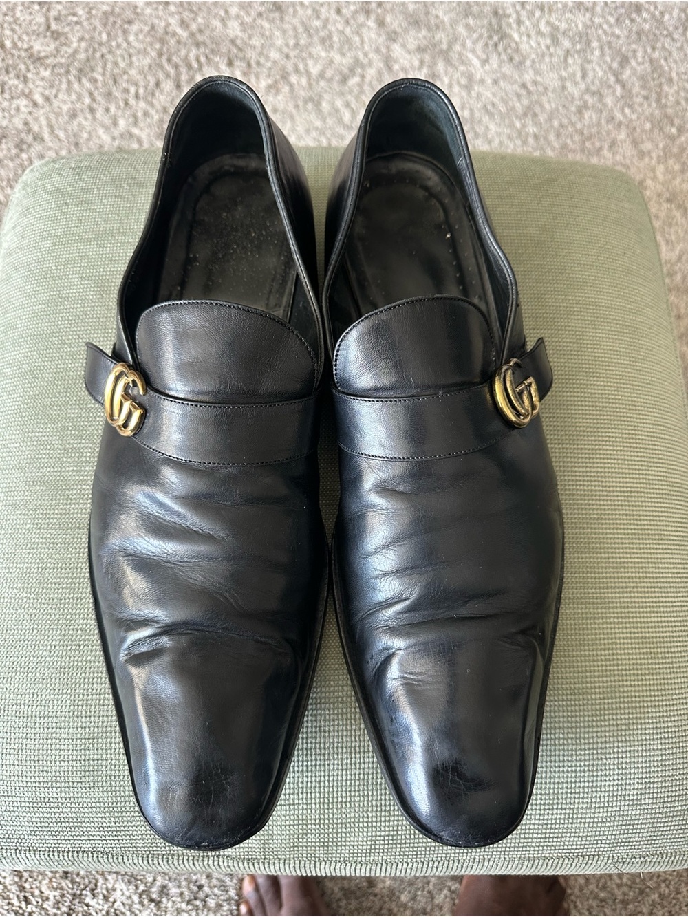 Gucci Black Leather Loafers with Gold Double G Hardware